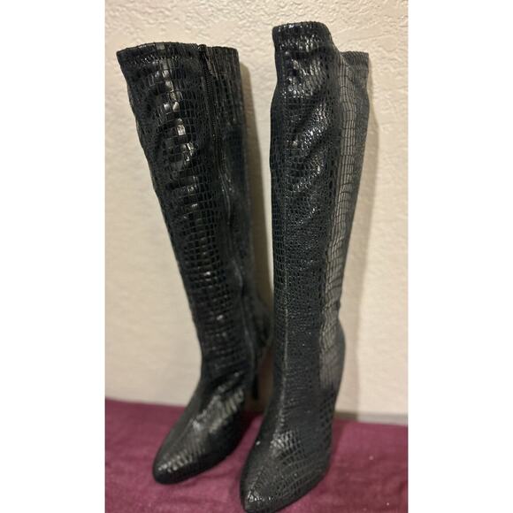 White House Black Market Metro Blk Croc Design Long Dress High Heel Boots, 7 - Picture 3 of 10